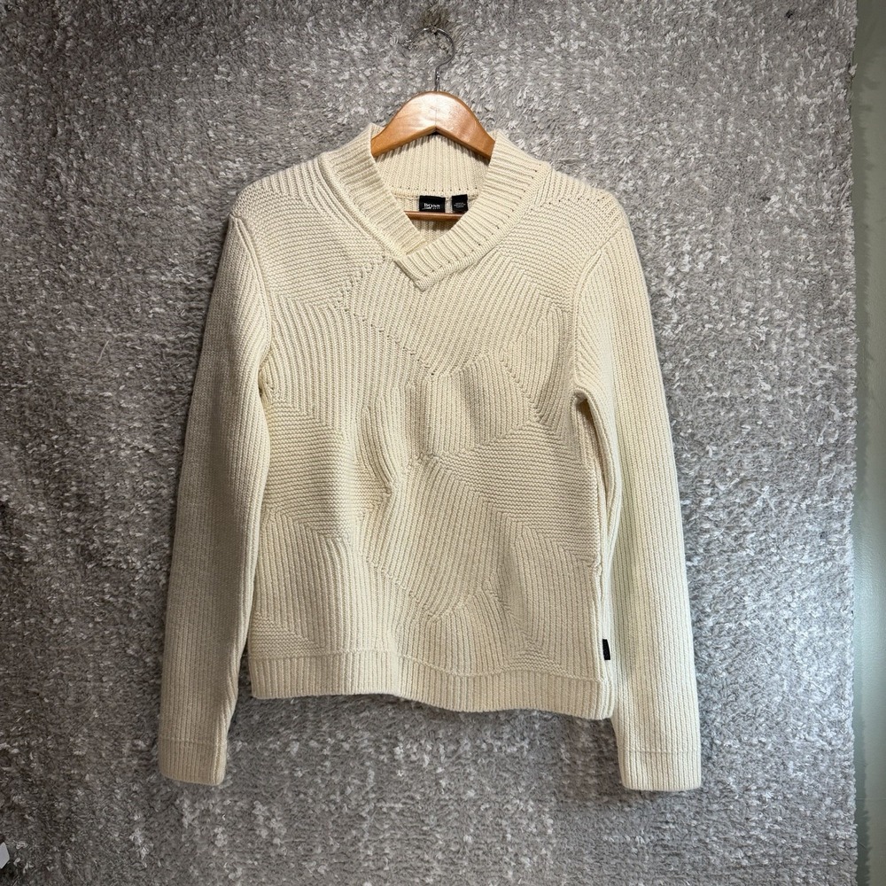 Hugo Boss V-Neck Wool Jumper Ribbed Sweater Slim Fit M Fisherman Preppy Old Mone